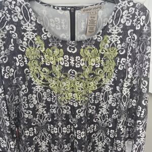 Sharon Young Black and White Top with Green Embroidery